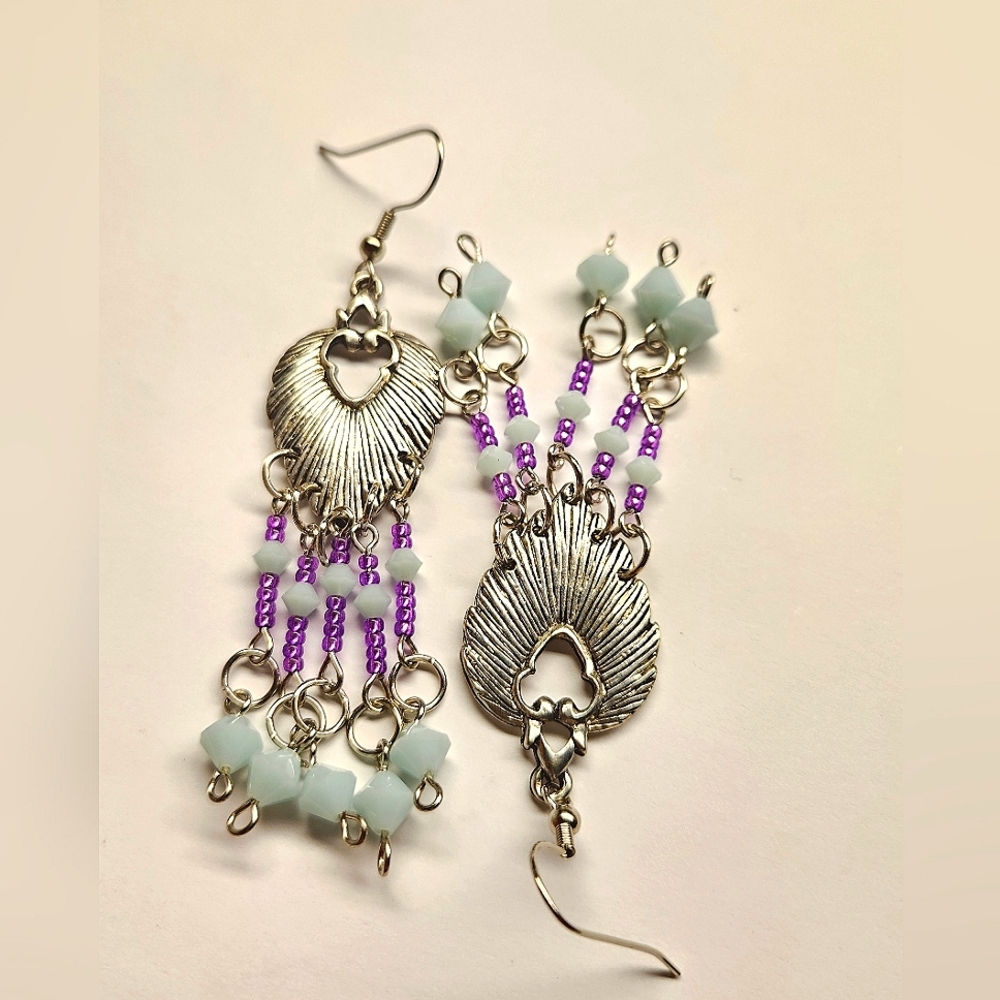 Purple and Green Beaded Chandelier Earrings - Picture 2 of 3
